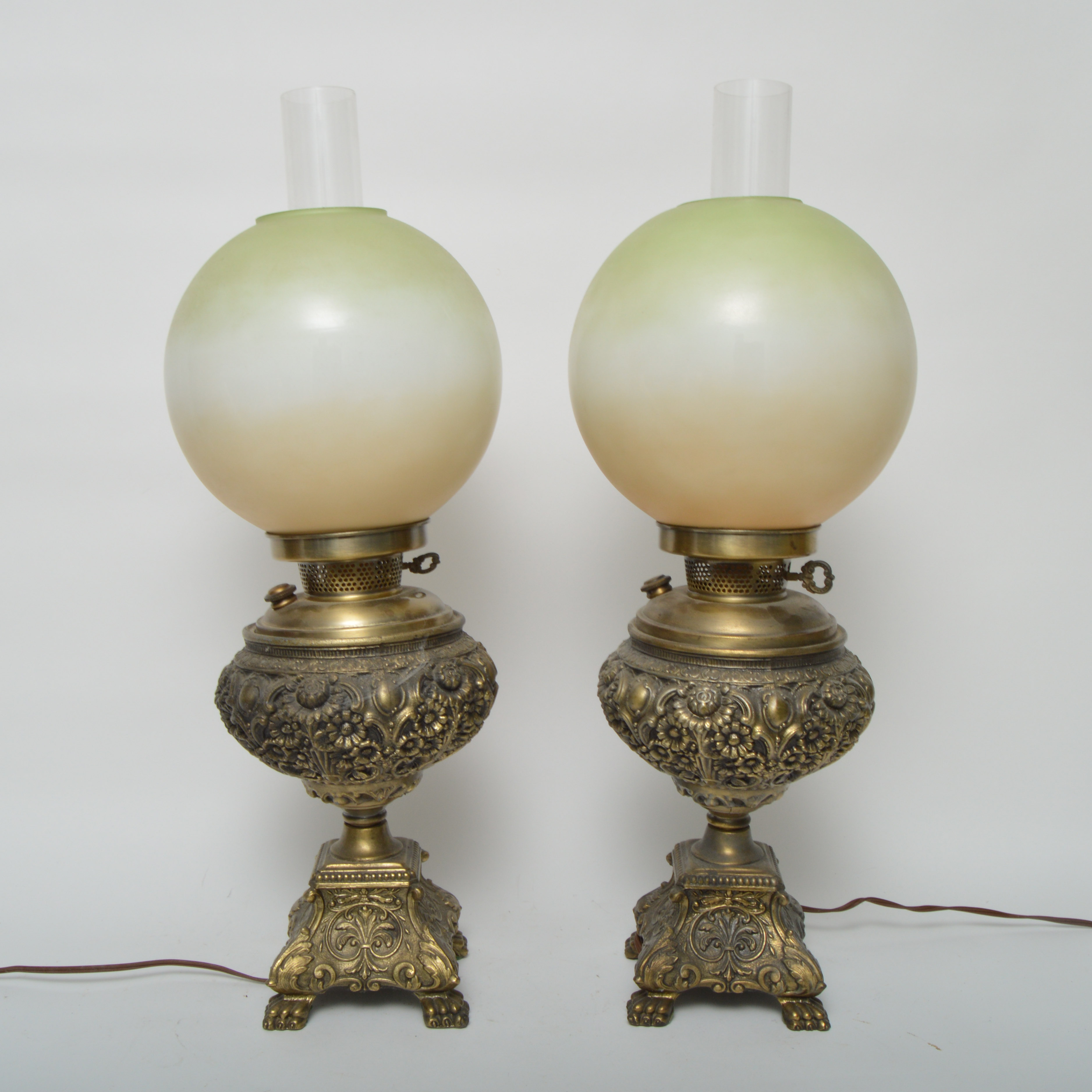 Vintage Parlor Brass Lamps with Hand Painted Globes EBTH