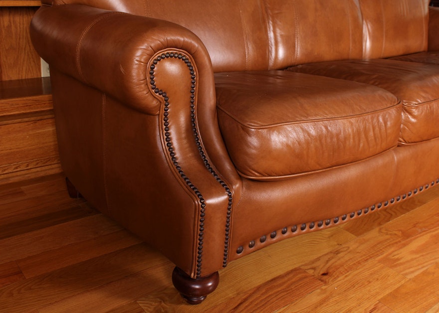 plush tan leather sofa