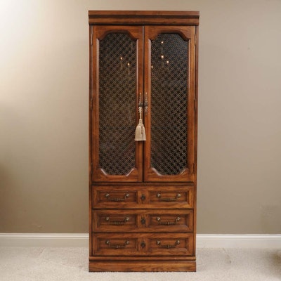 Vintage And Antique Cabinets Auction In Art, Traditional Furnishings Tall Oak China Cabinet with Grill over Glass Doors - Vintage And Antique Cabinets Auction In Art, Traditional Furnishings