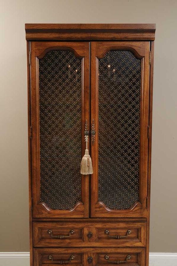 Tall Oak China Cabinet with Grill over Glass Doors : EBTH