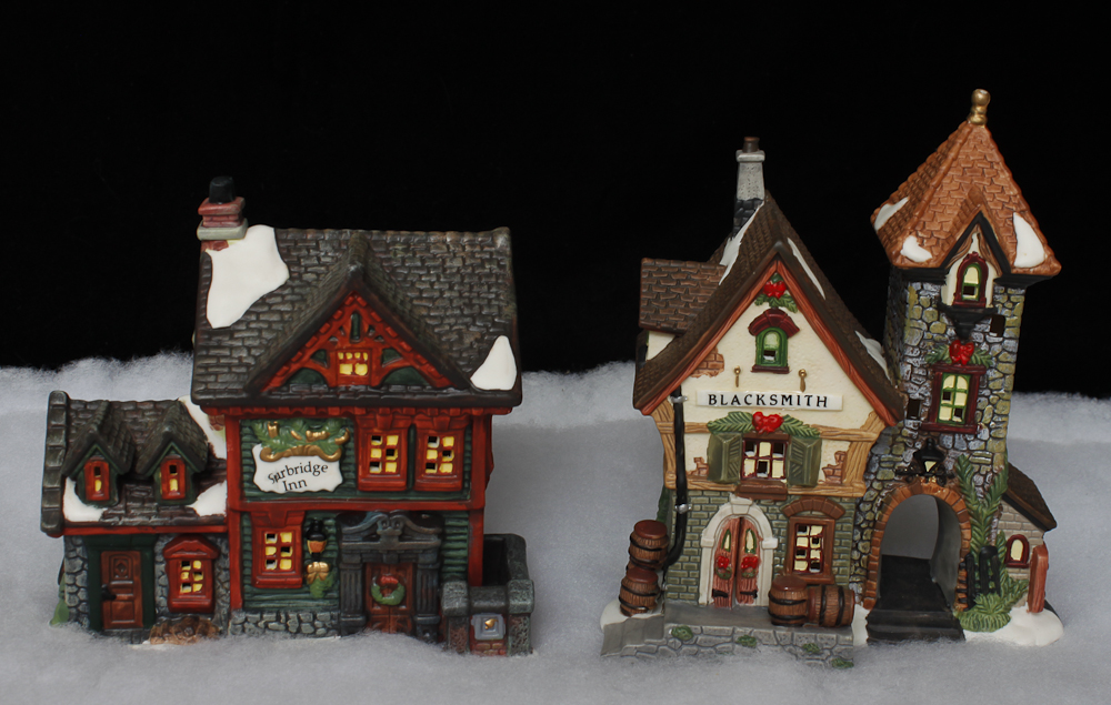 Assortment of Christmas Villages and LightUp Display Snow Blanket EBTH