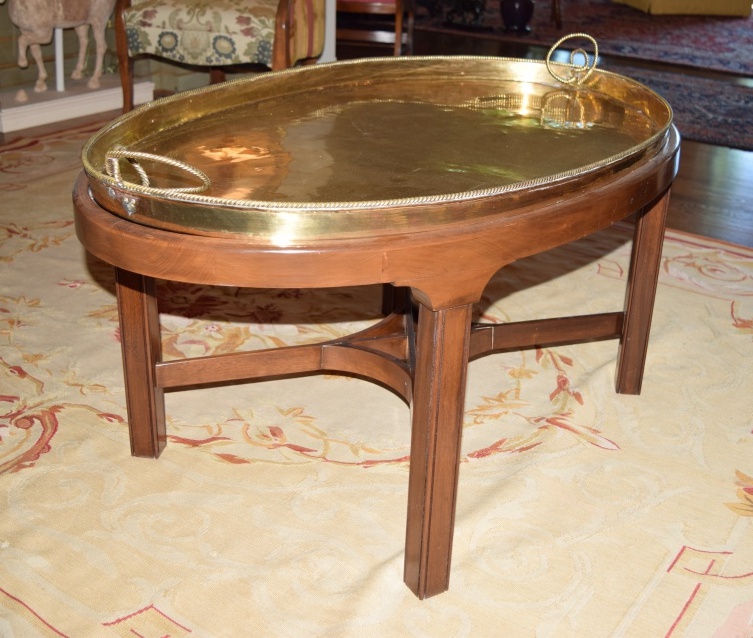Large Oval Brass Tray Top Coffee Table with Knotted Rope Handles EBTH
