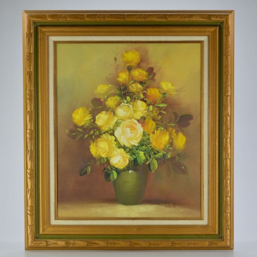 Framed Oil On Canvas Of Yellow Roses Ebth