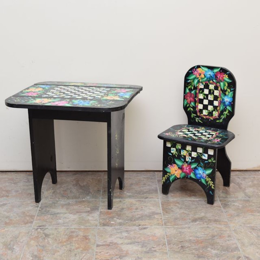 Hand Painted Children S Checkerboard Table And Chair Ebth