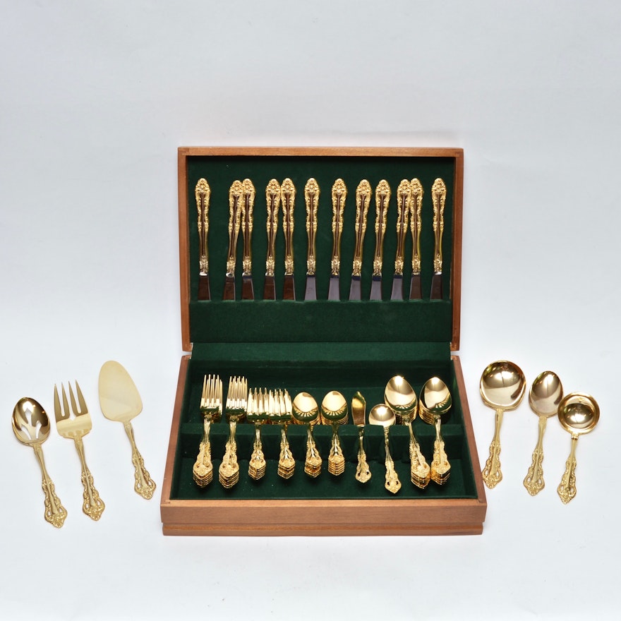 Vintage 12 Piece Set Of Gold Plated Silverware With Wooden Storage 12 Piece Set Of Gold Plated Silverware