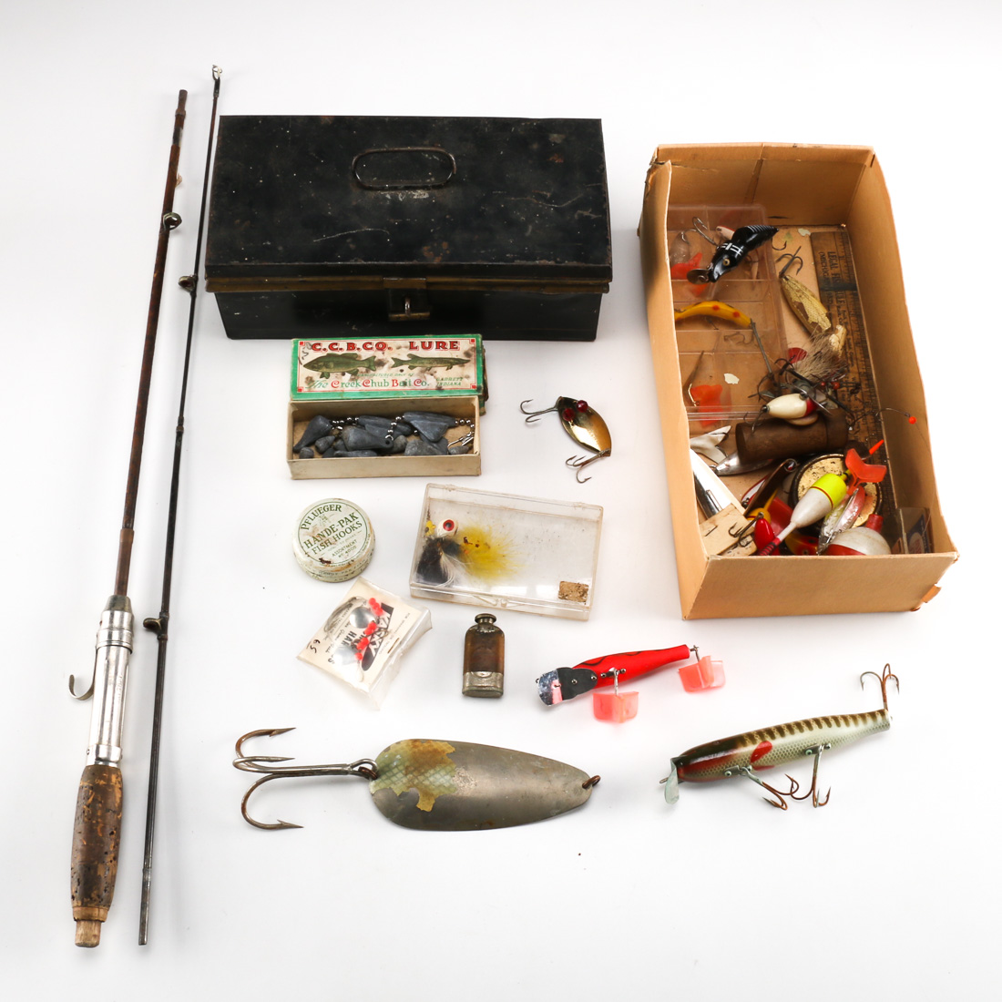 Assorted Large Lot of Vintage Fishing Tackle and Lures with VINTAGE TACKLE  BOX