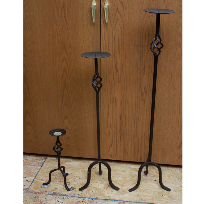 Three Open Twist Wrought Iron Floor Candle Holders
