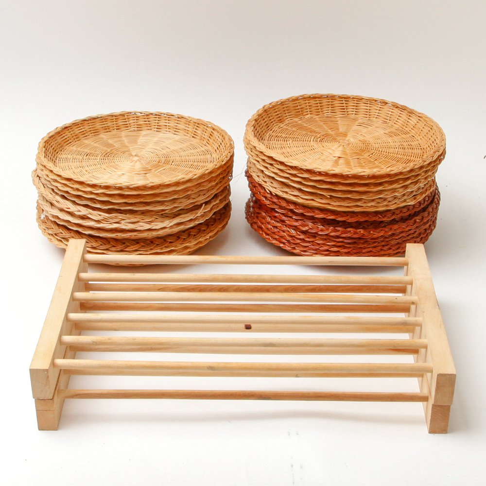Rattan Paper Plate Holders And Wood Cooling Racks Ebth