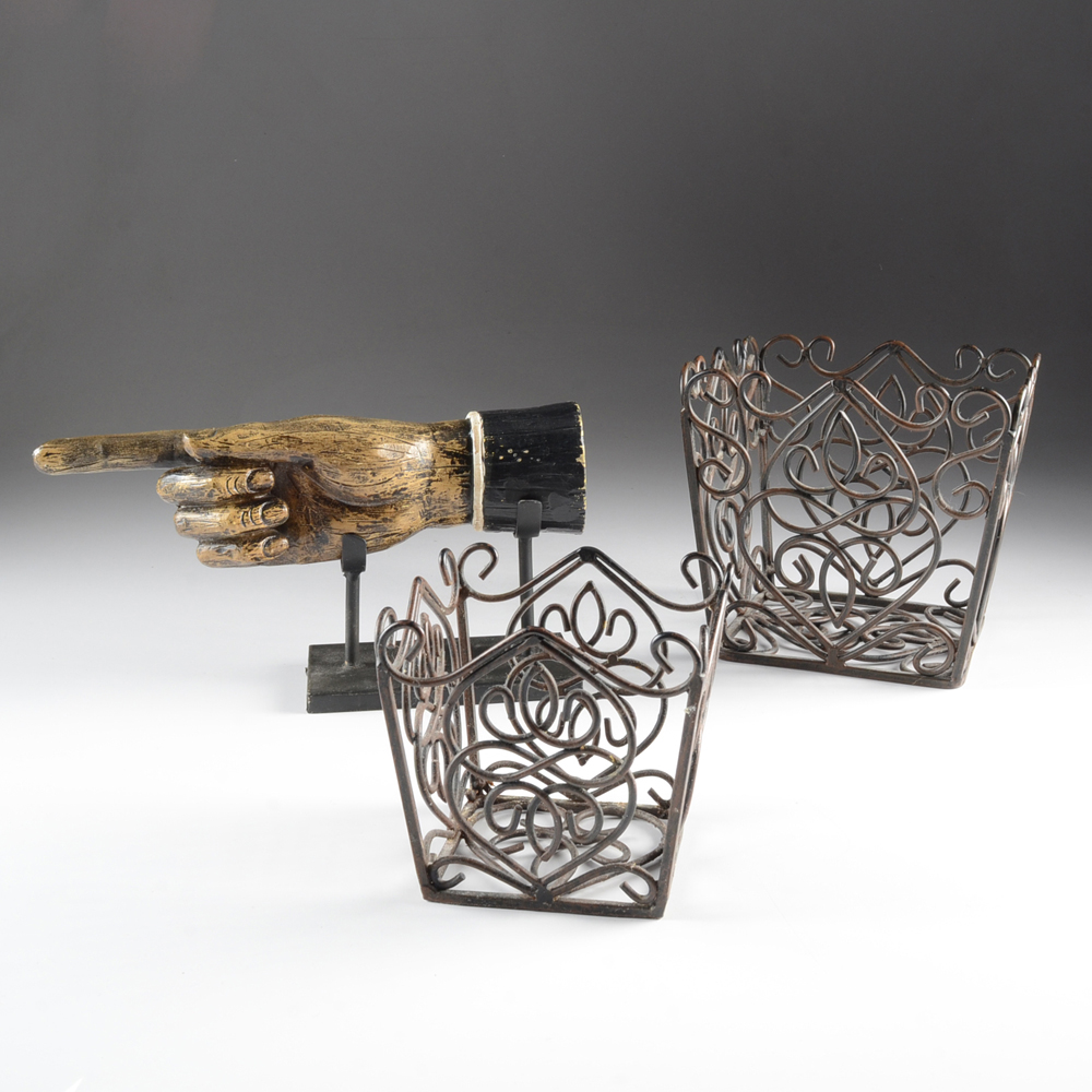 Resin Hand Sculpture And Decorative Wire Baskets Ebth