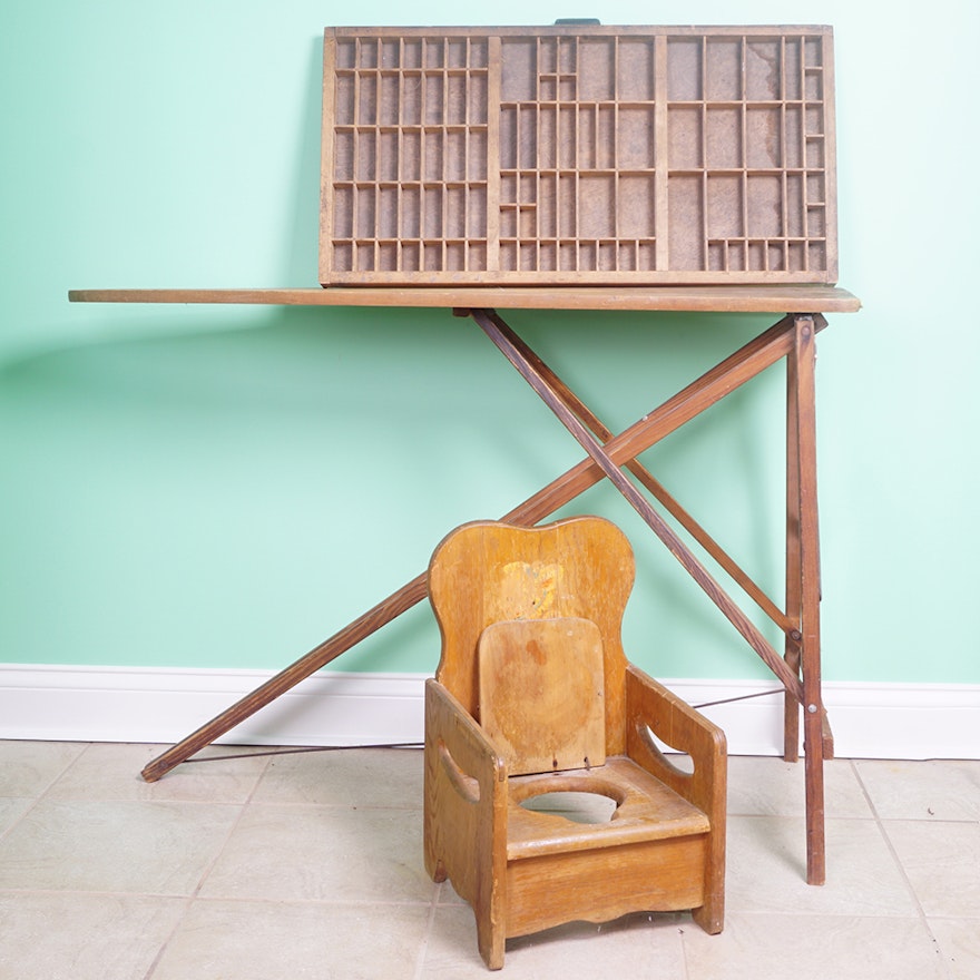 Printer S Drawer With Wooden Ironing Board And Potty Chair Ebth