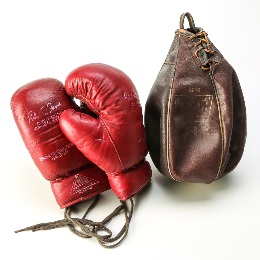 Leather Rocky Graziano Boxing Gloves and Everlast Speed Bag Set : EBTH
