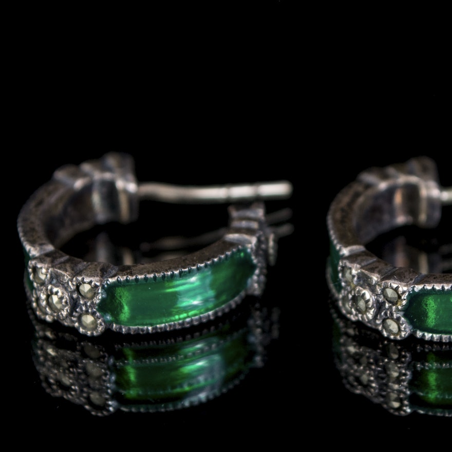 Sterling Silver Marcasite and Enamel Ring and Earrings | EBTH