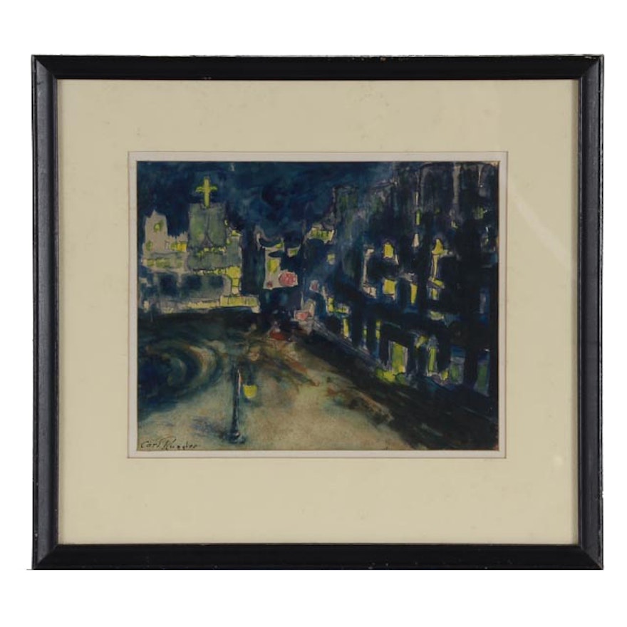 Carl Ruggles Original Watercolor Night City - 