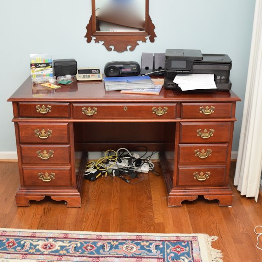 American Drew Mahogany Executive Desk With Printer And Accessories