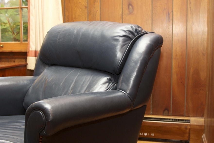 Navy Blue Leather Chair and Ottoman | EBTH