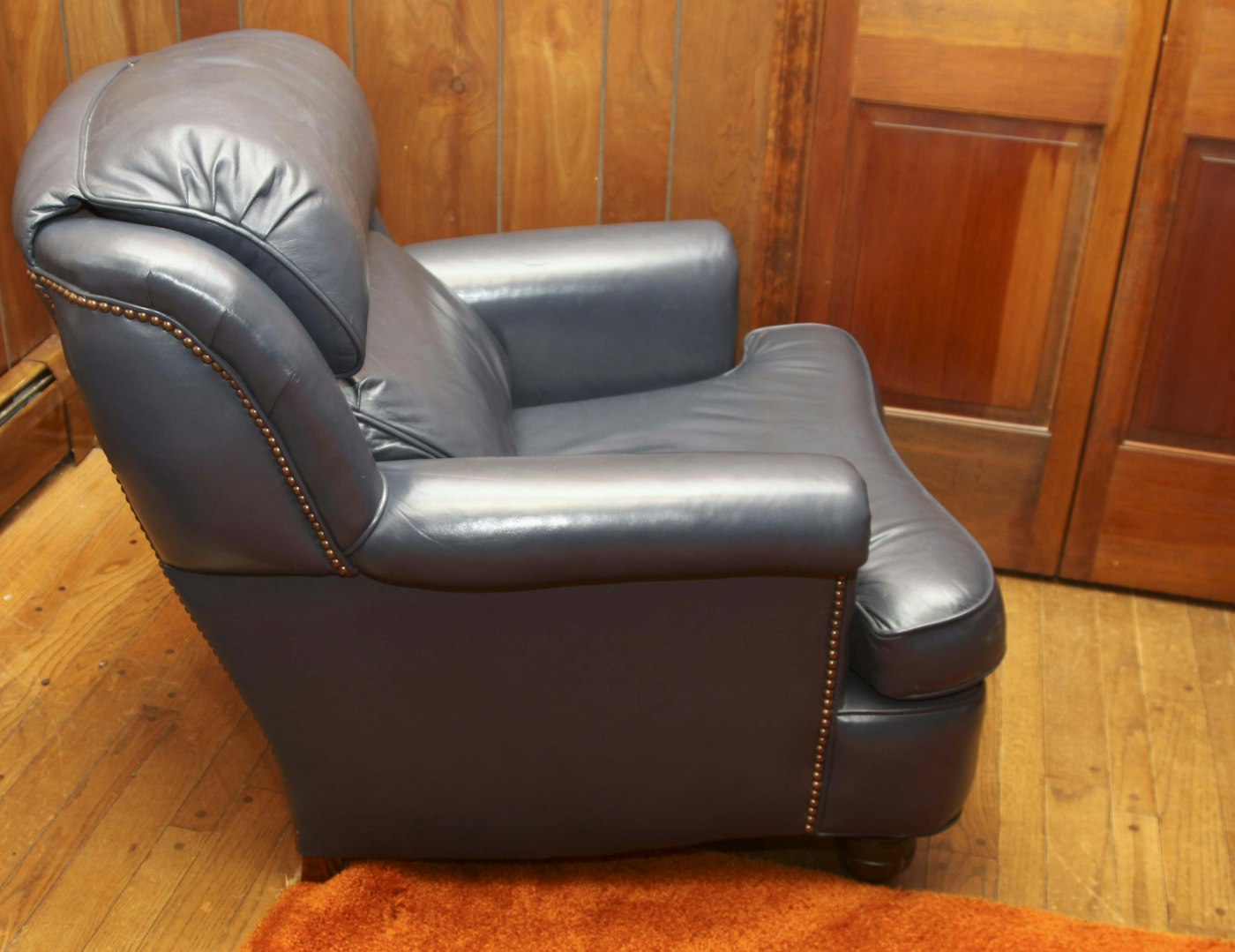 Navy Blue Leather Chair and Ottoman | EBTH