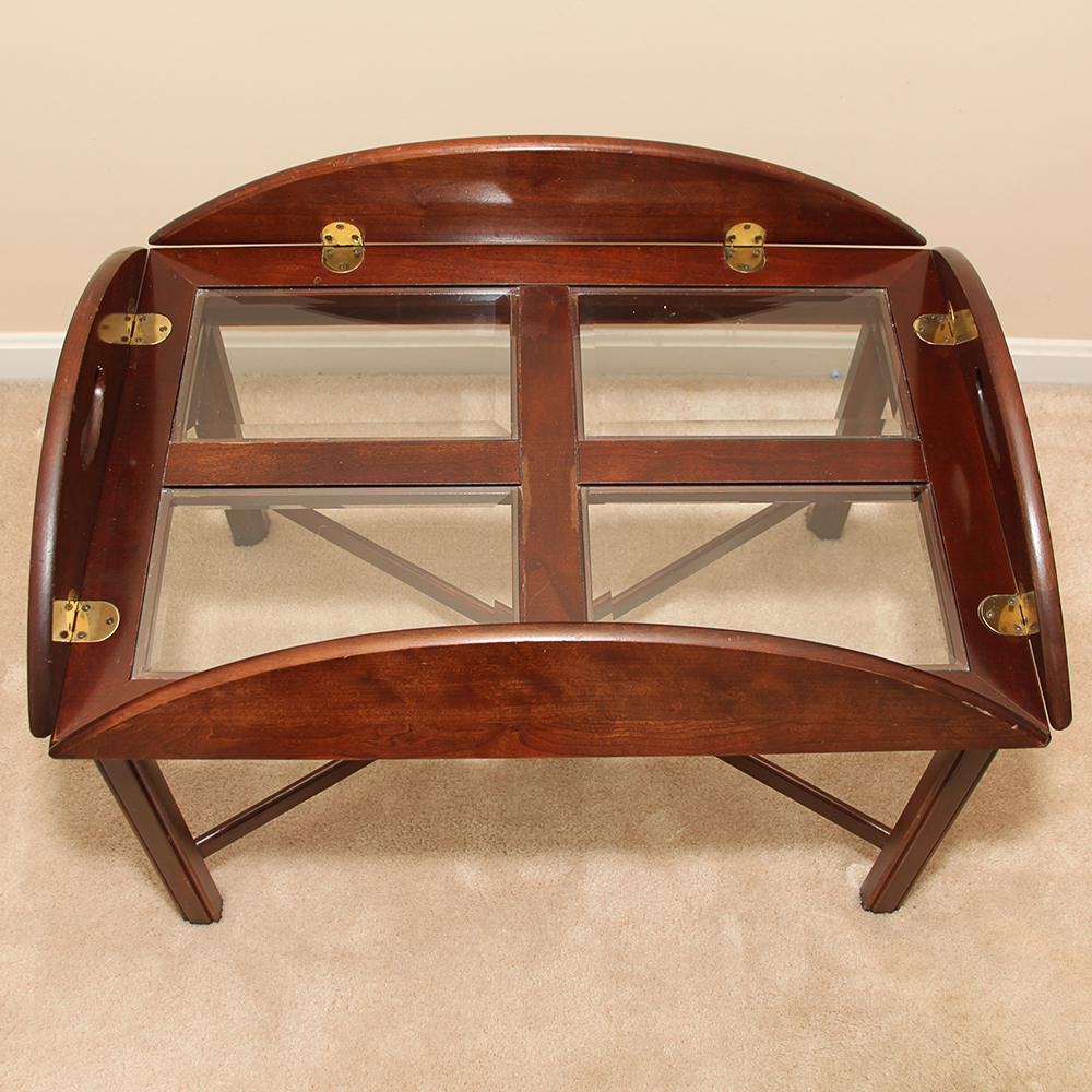 Glass Inlay Butler's Tray Table with Glass Top EBTH