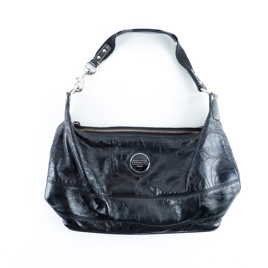 Coach Black Patent Leather Signature Stitched Hobo Bag | EBTH