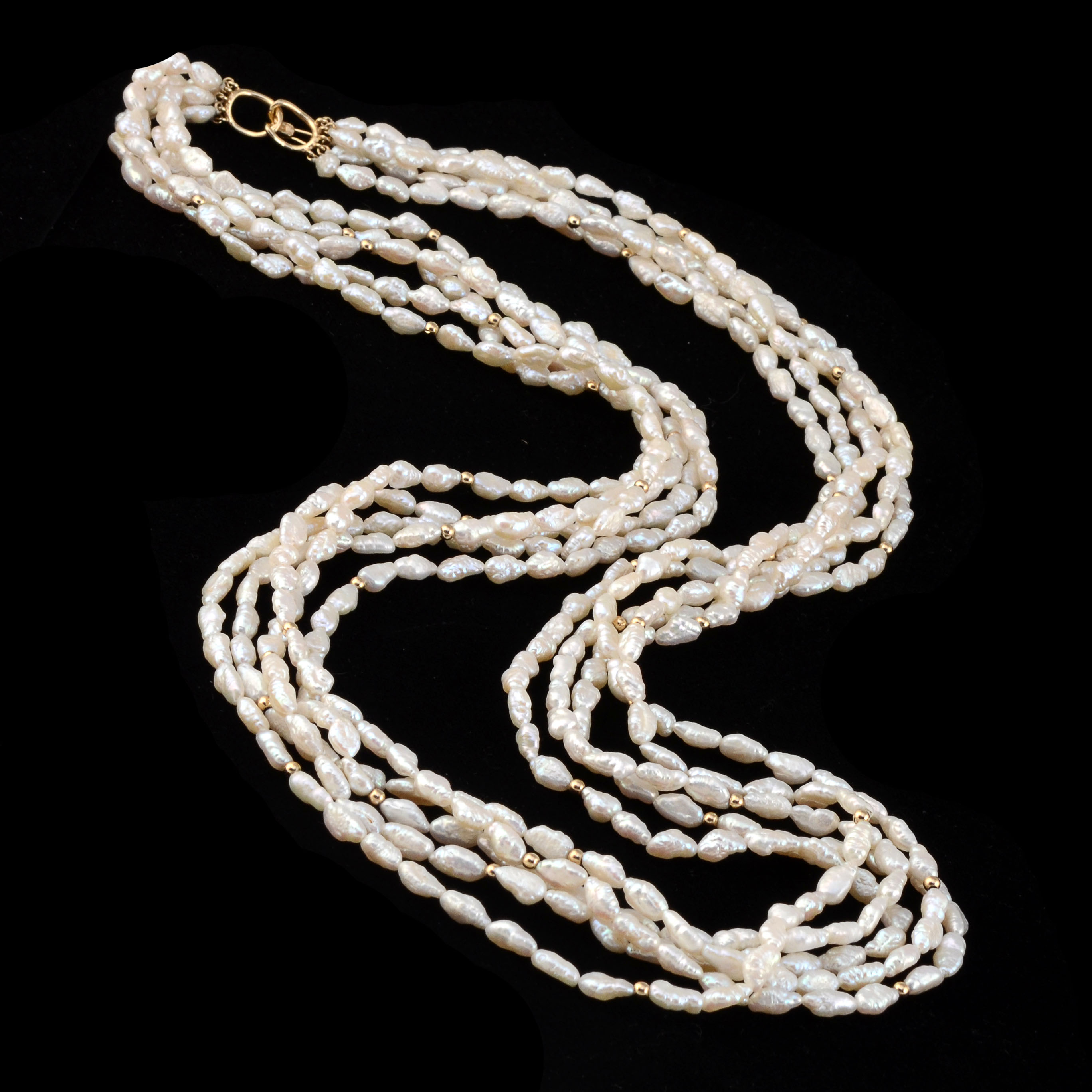 Five Strand 14K Yellow Gold Freshwater Rice Pearl Necklace EBTH