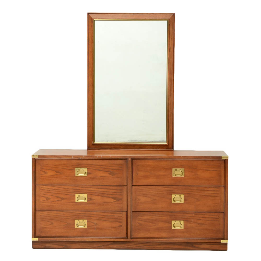 Oak Campaign Style Dresser With Mirror By Hickory Manufacturing