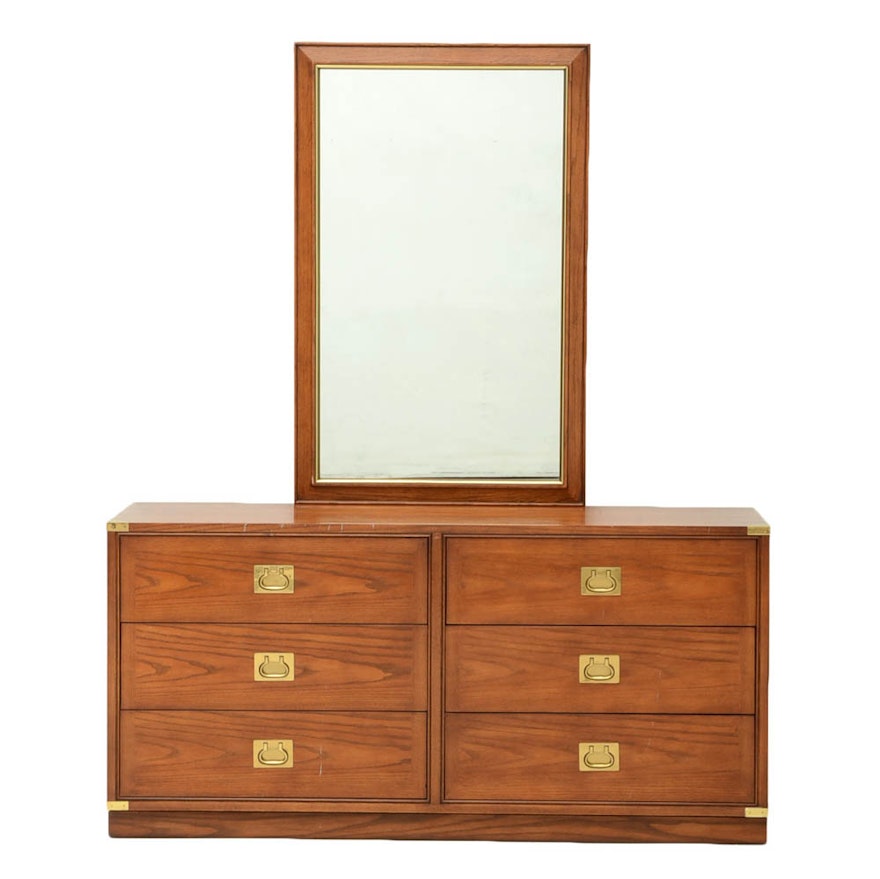 Oak Campaign Style Dresser With Mirror By Hickory Manufacturing