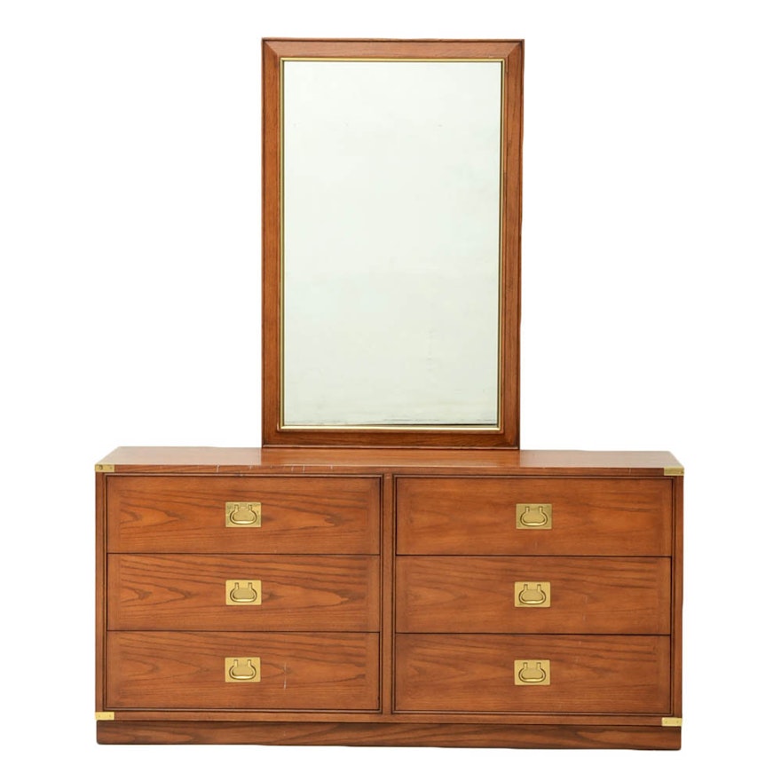 Oak Campaign Style Dresser With Mirror By Hickory Manufacturing