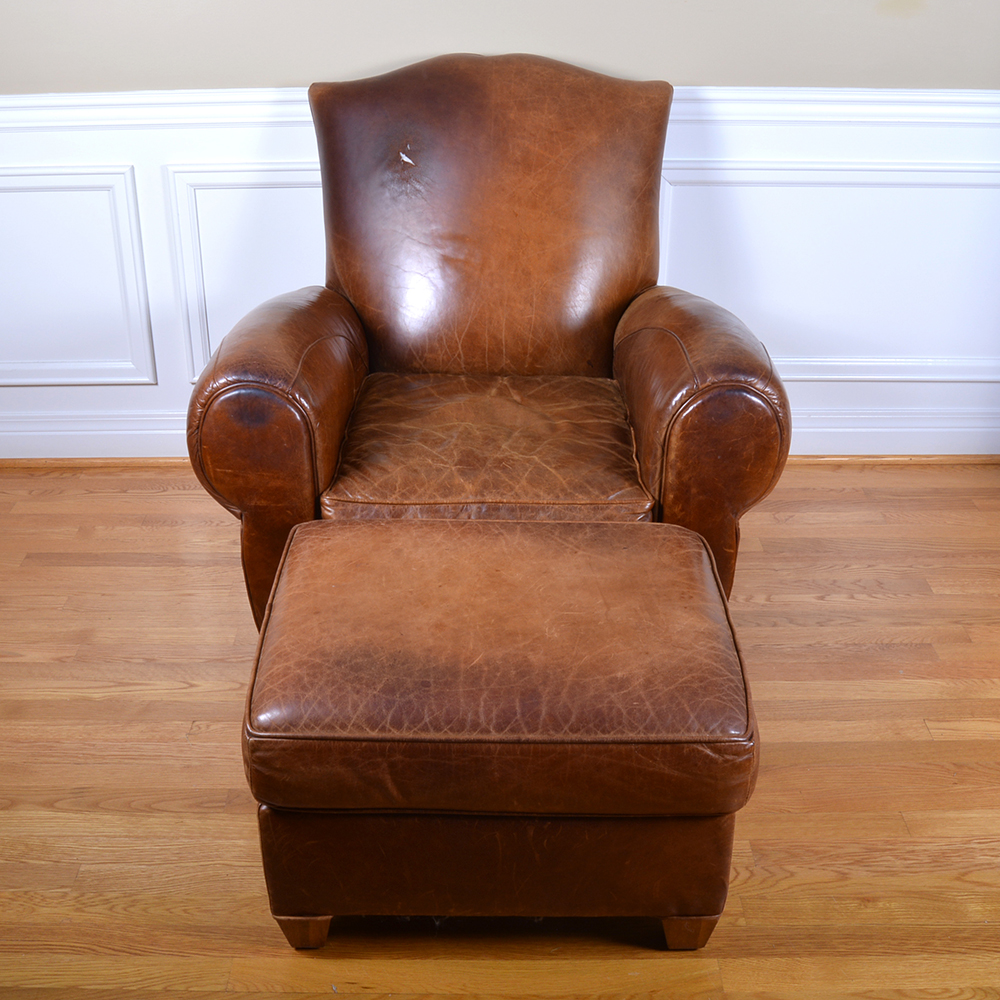 Mitchell Gold Leather Arm Chair and Ottoman EBTH