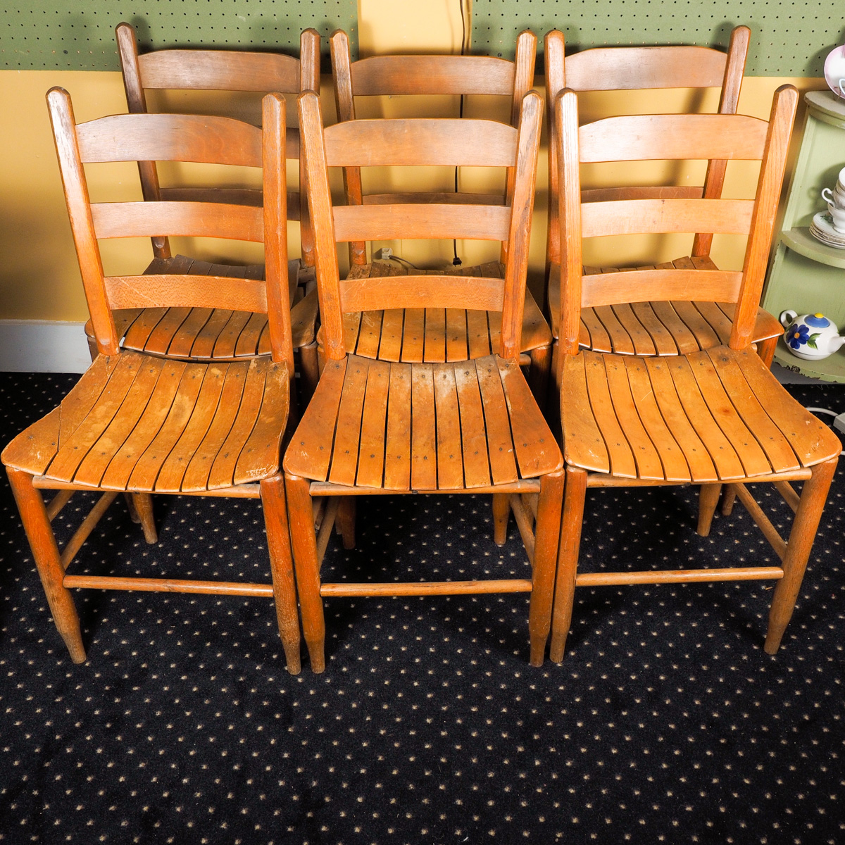 Seven Vintage Hand Crafted Ladder Back Chairs Ebth