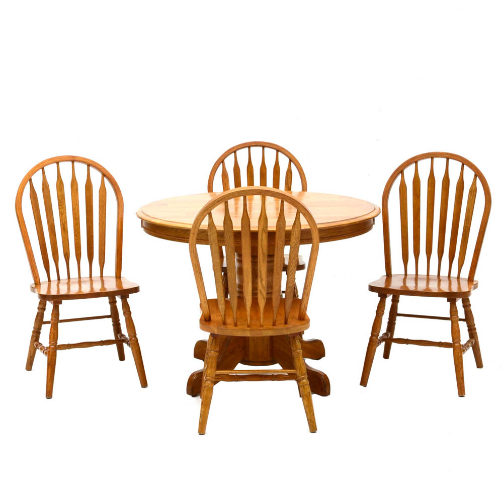 Round Oak Pedestal Dining Table with Extension and Chairs EBTH