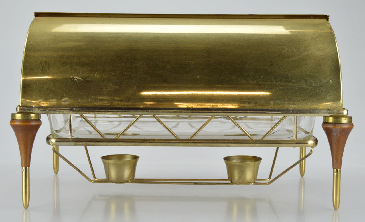 Vintage Brass and Wood Chafing Dish with Pyrex Dish EBTH