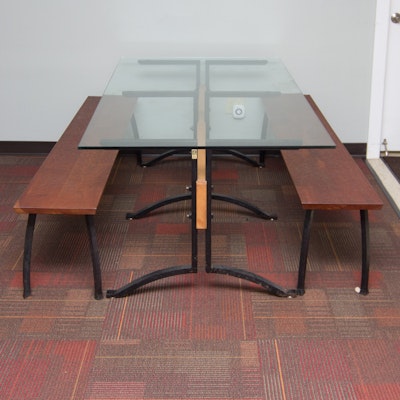 Handcrafted Glass Top Table and Benches Handcrafted Glass Top Table and Benches