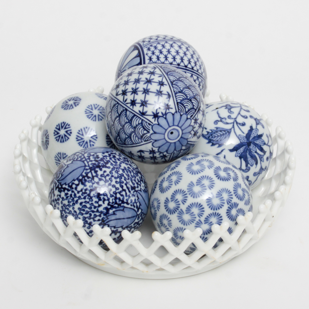 Set Of Decorative Ceramic Carpenter Balls In White Bowl Ebth