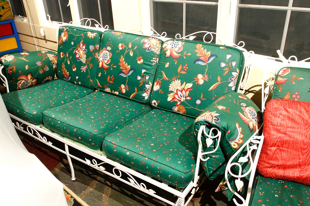 Vintage-White-Wrought-Iron-Patio-Loveseat-and-Two-Chairs-...