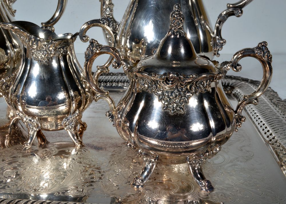 "Baroque" Wallace Silver Plate Tea and Coffee Set and Wilcox Tray EBTH