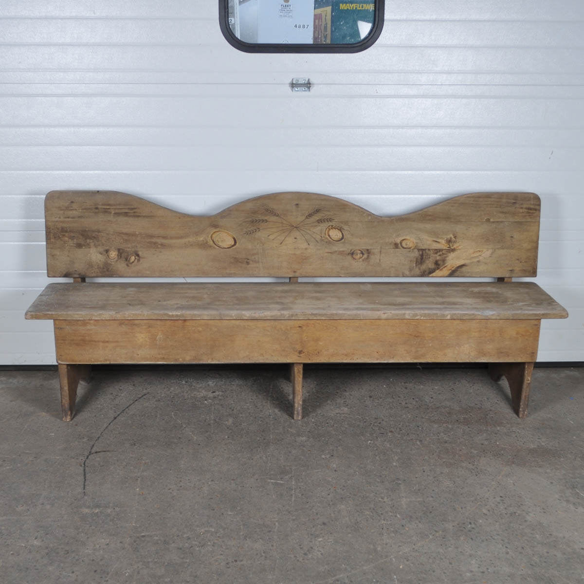 Primitive Style Large Wooden Bench With Carving On Back Ebth