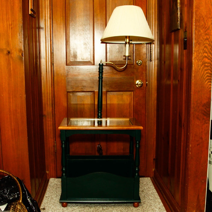 Wooden Side Table with Attached Lamp : EBTH