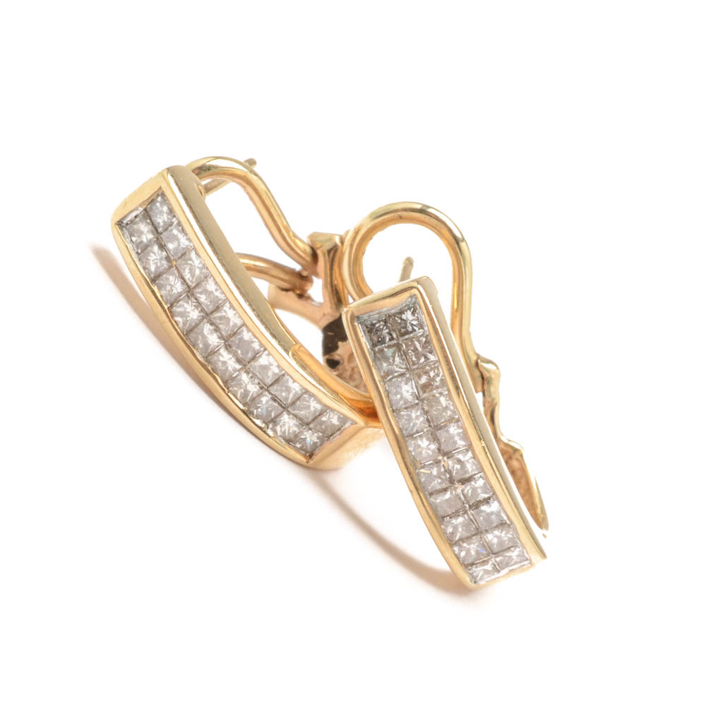 14K Yellow Gold Princess Cut Diamond Huggie Earrings EBTH