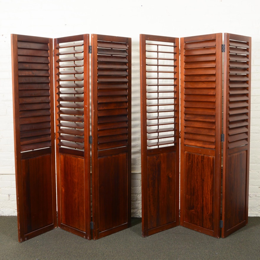Two Wood Shutter Room Divider Screens Ebth Two Wood Shutter Room Divider Screens