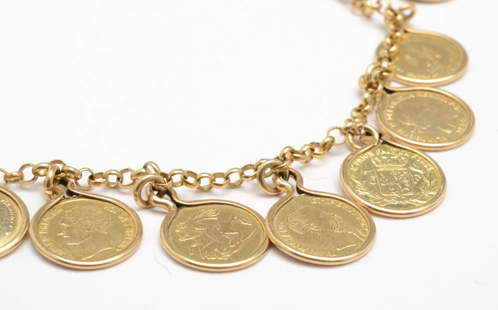 14K Yellow Gold Vintage Coin Charm Bracelet EBTH