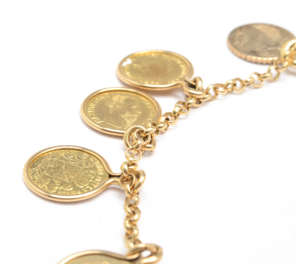 14K Yellow Gold Vintage Coin Charm Bracelet EBTH