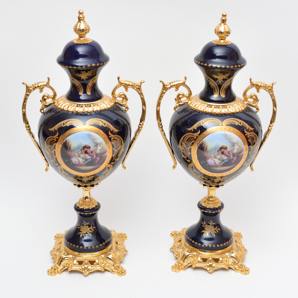 Limoges Blue and Gold Porcelain Urns EBTH