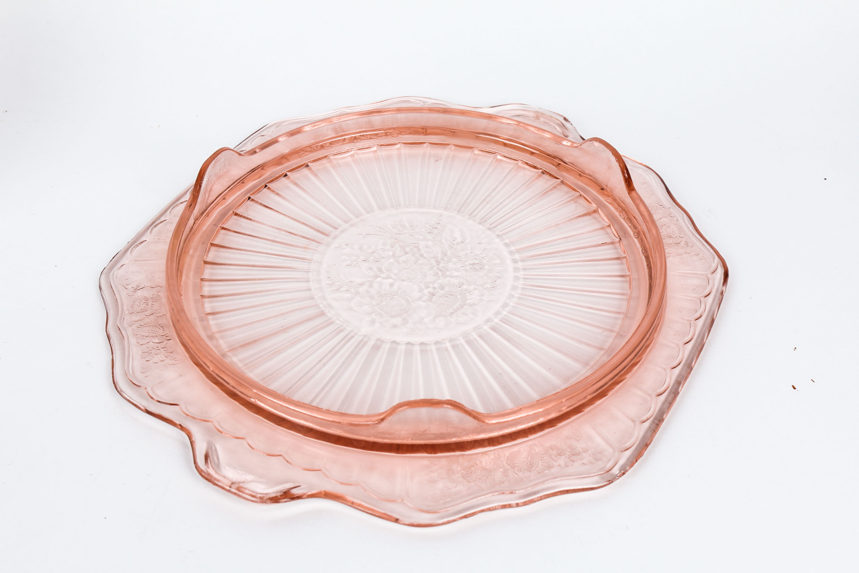Pair of Pink Depression Glass Serving Trays with Rose Stained Glass