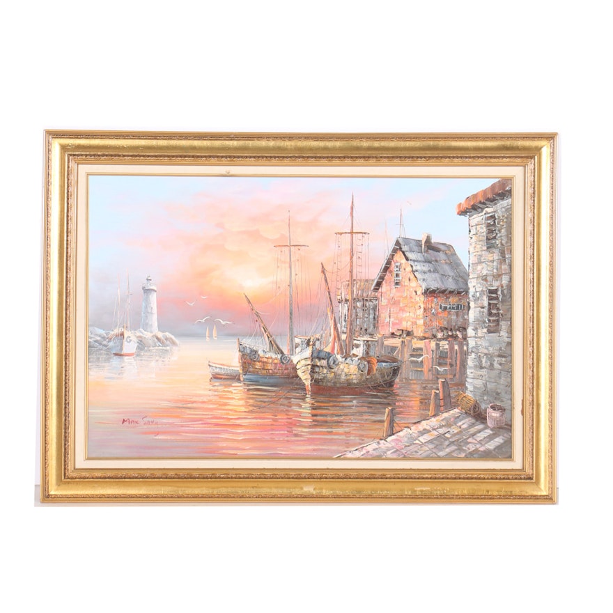 Original Max Savy Oil Painting Of A Harbor Ebth
