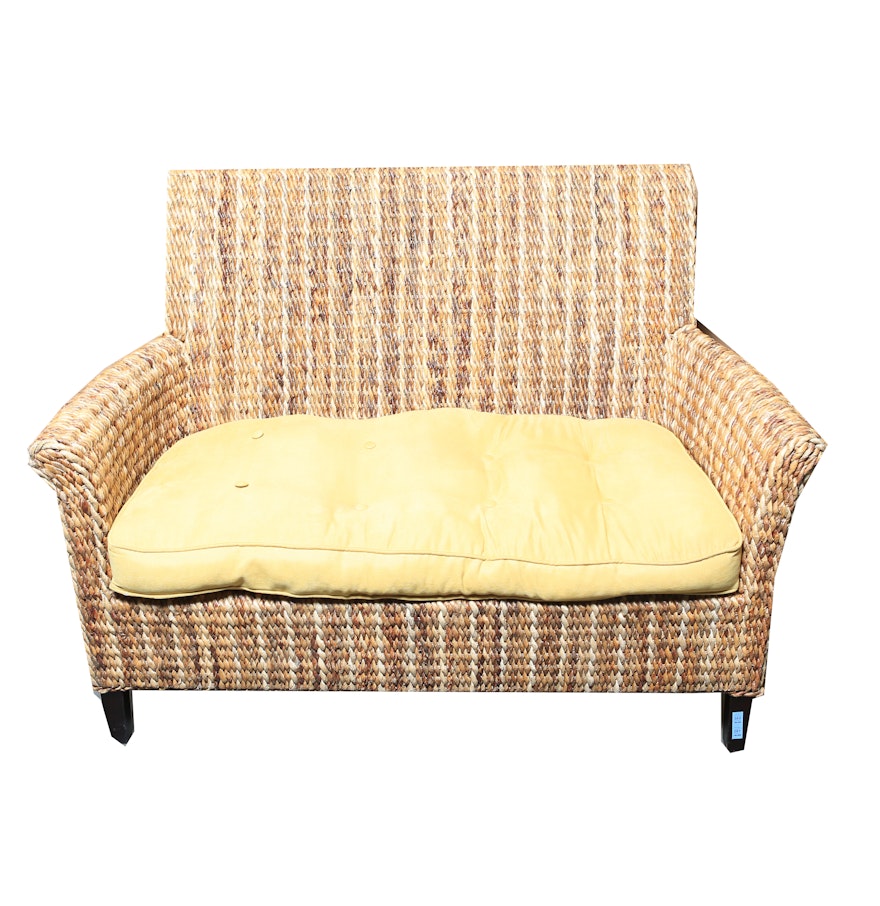 Wicker Bench With Yellow Upholstered Seat Cushion EBTH Wicker Bench With Yellow Upholstered Seat Cushion EBTH