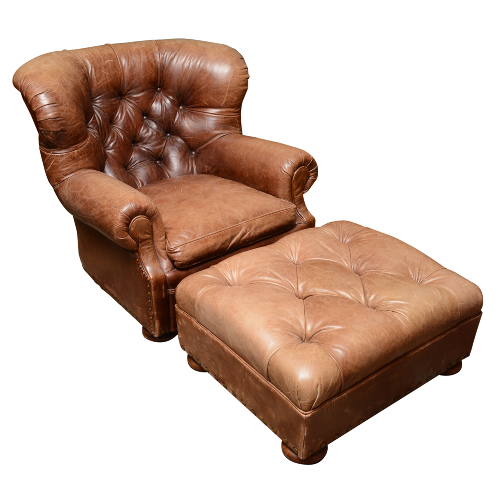 Ralph Lauren Button Tucked Leather Arm Chair and Ottoman EBTH