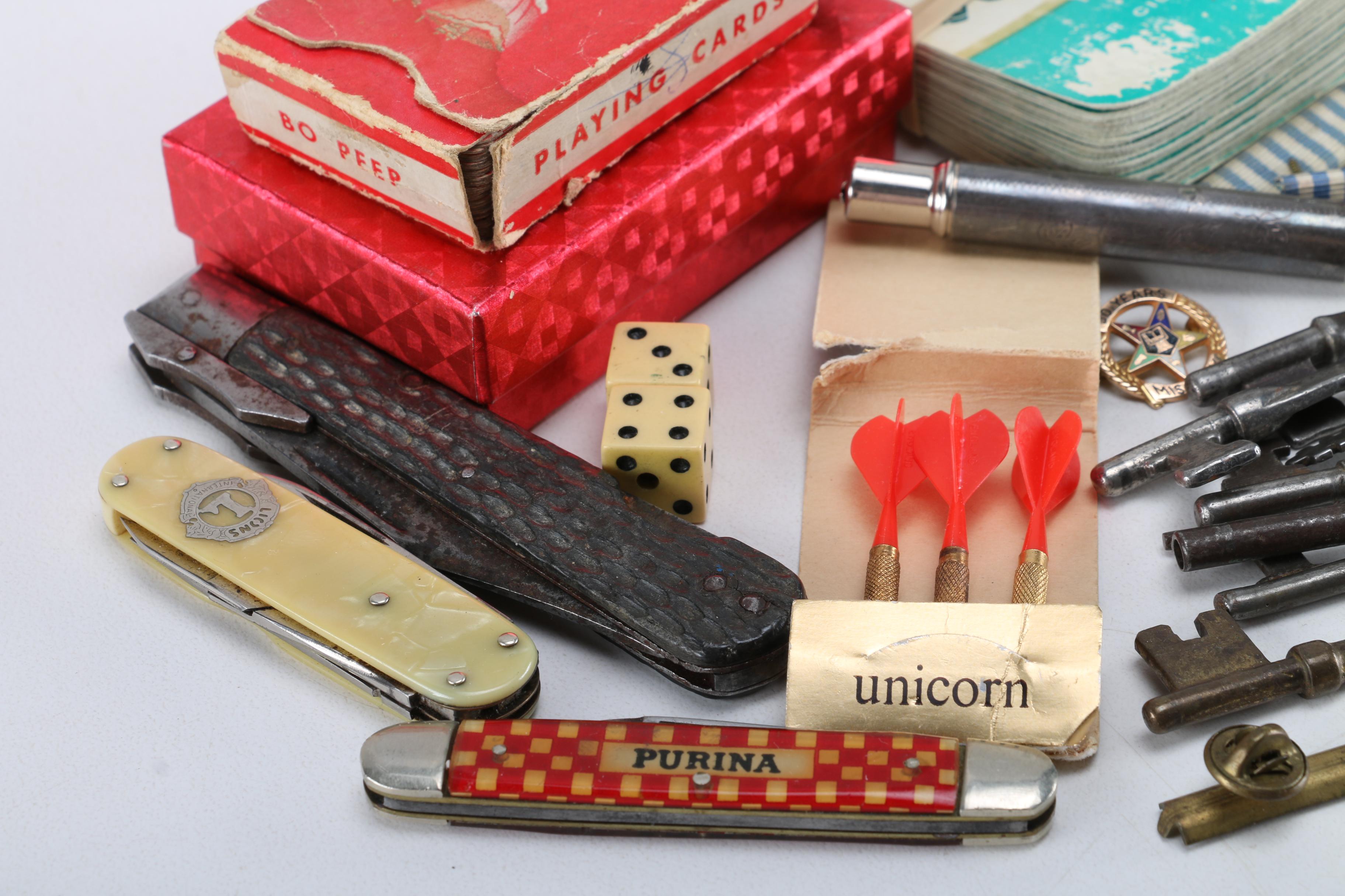 Group of Vintage Pocket Knives, Playing Cards, Darts, Keys and Military