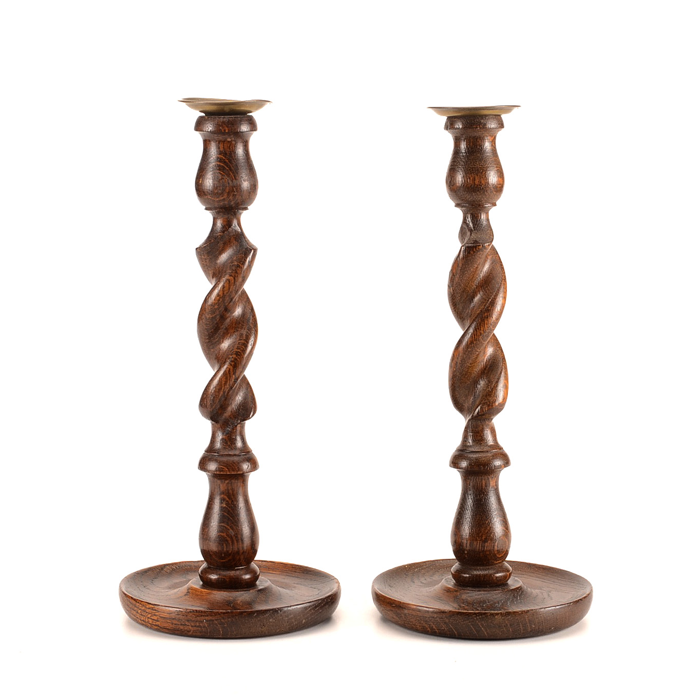 Barley Twist Wooden Candlesticks with Brass Bobeches EBTH