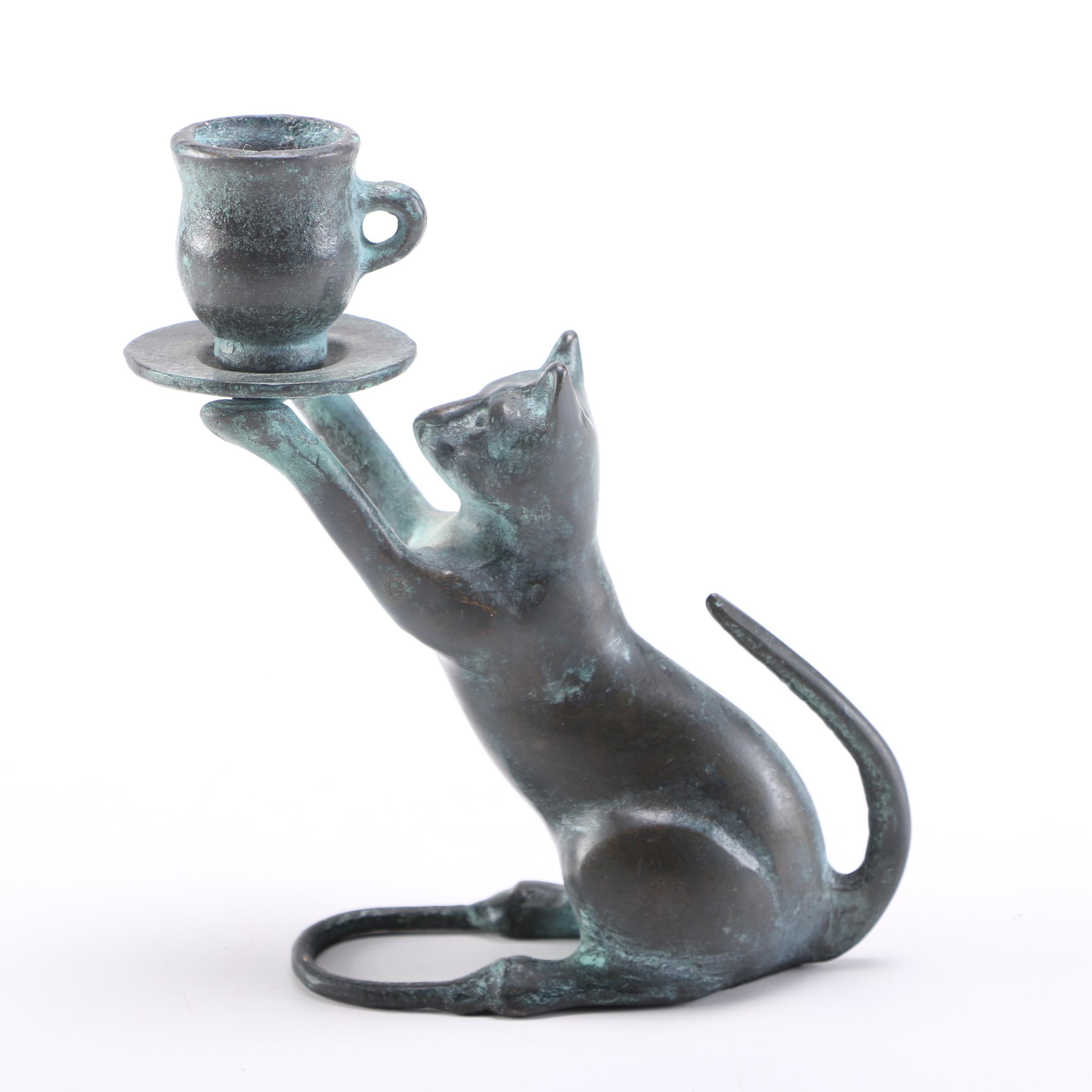 Bronze Cat Candlestick Holder EBTH