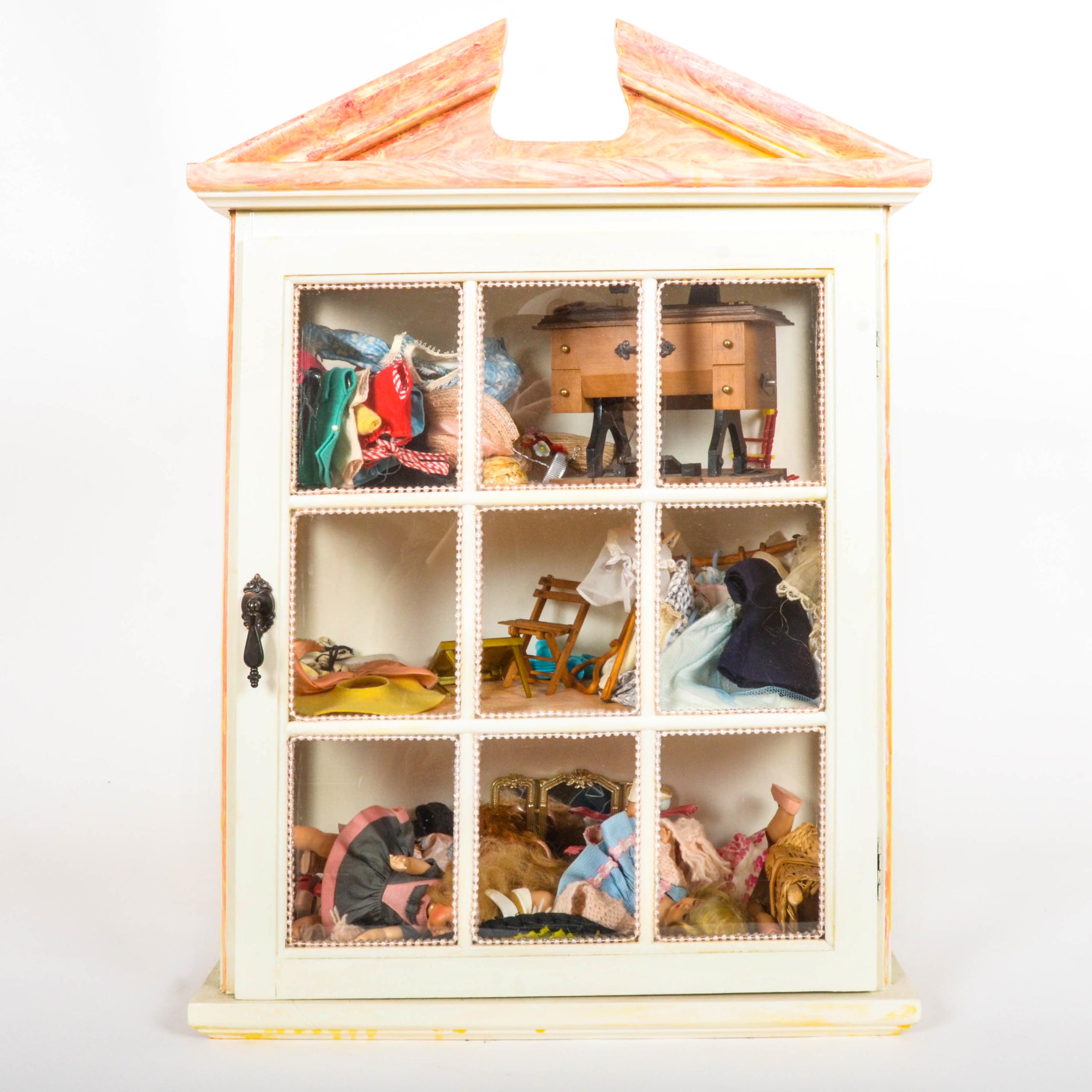 Dollhouse Display Cabinet With Dolls And Accessories Ebth