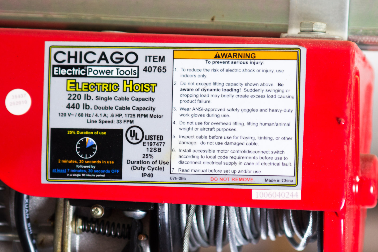 Chicago Electric Power Tools 93251 Electric Hoist EBTH